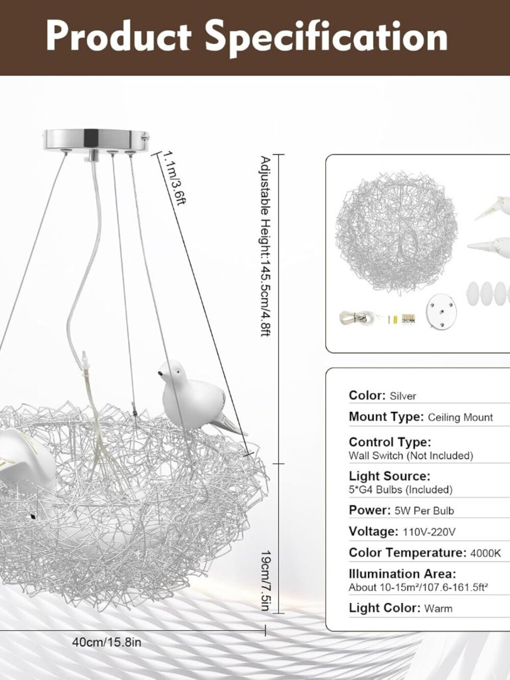 Pendant Light Bird Cage Aluminum ceiling chandelier silver birds nest egg 15.7" - Picture 7 of 9